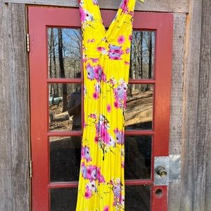 Bright Yellow Floral Maxi Dress Elastic Waist Size L